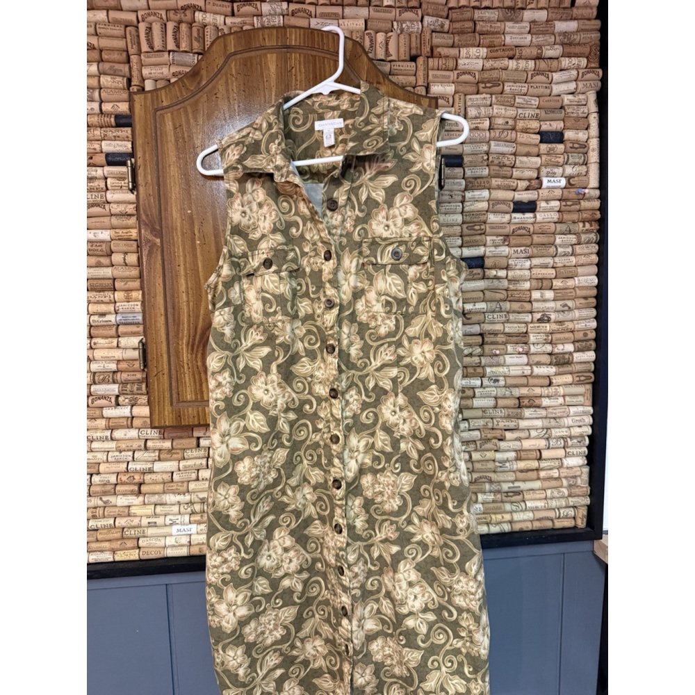 Charter Club Green Floral Sleeveless Cotton Collared Button Front Sundress Sz 14 - Picture 2 of 7